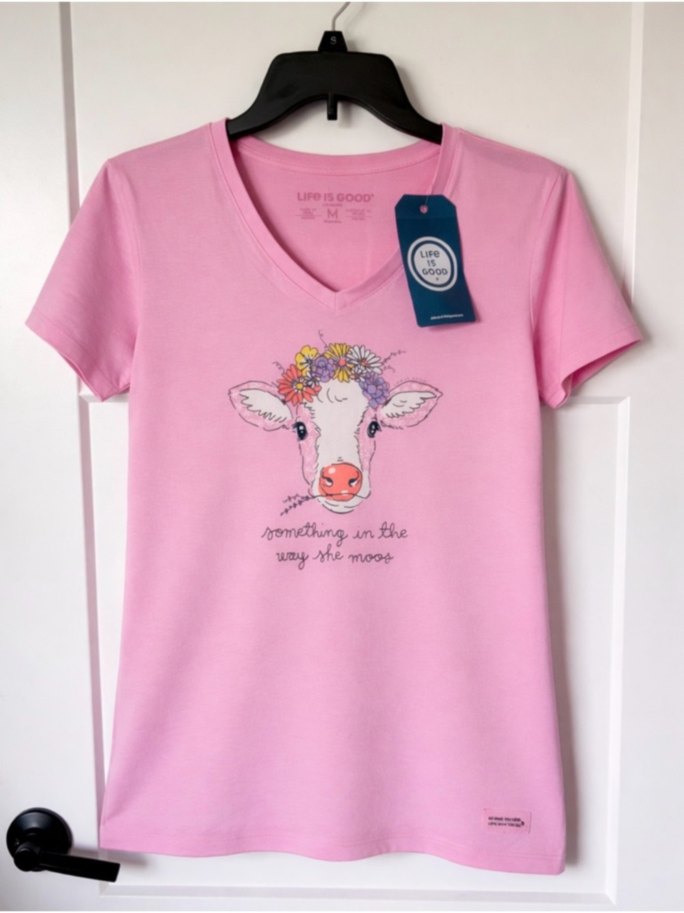NWT: Life Is Good Pink V-Neck Tee with Floral Crown Cow - Picture 3 of 3